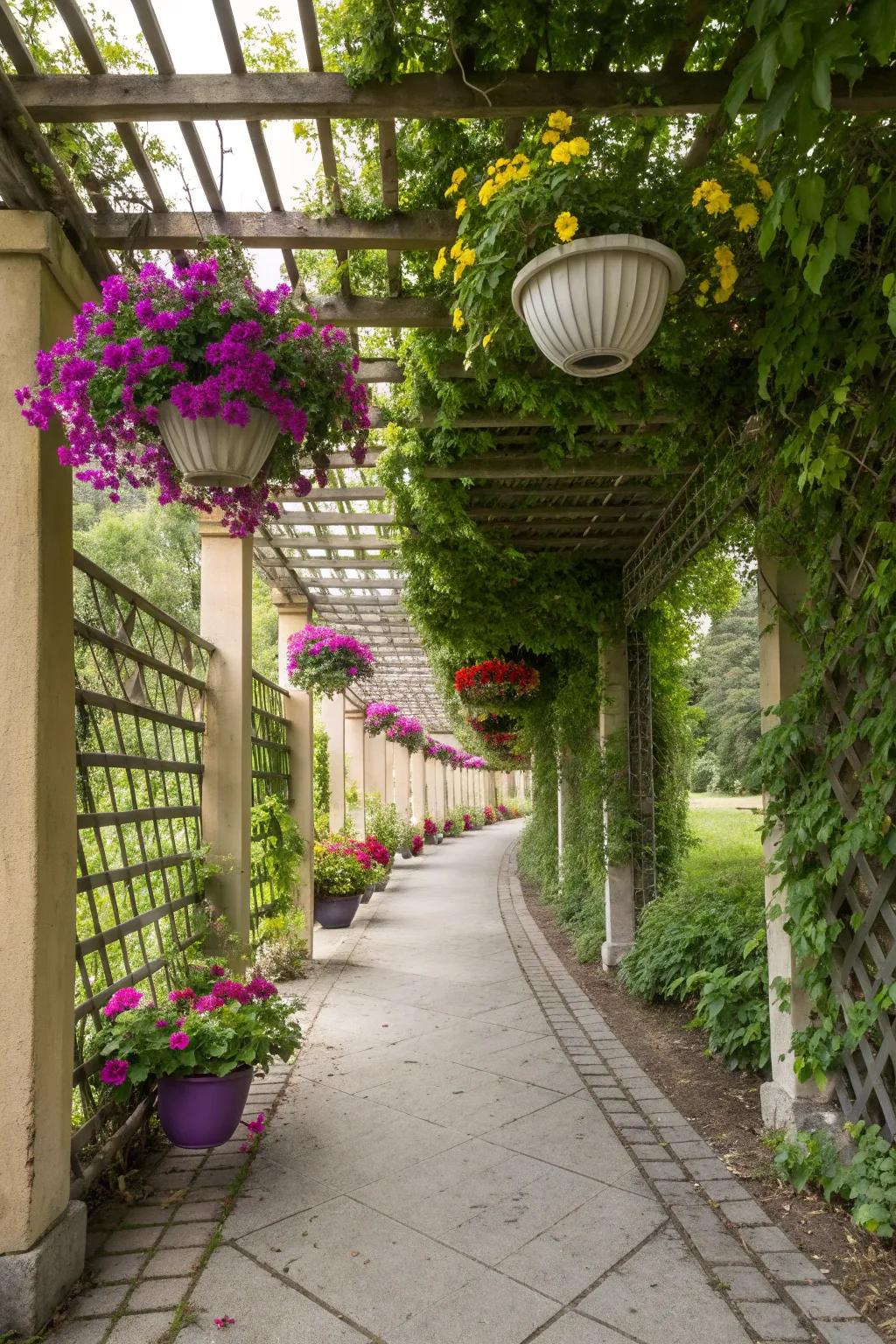 A colorful display of hanging planters brightening a pergola walkway.