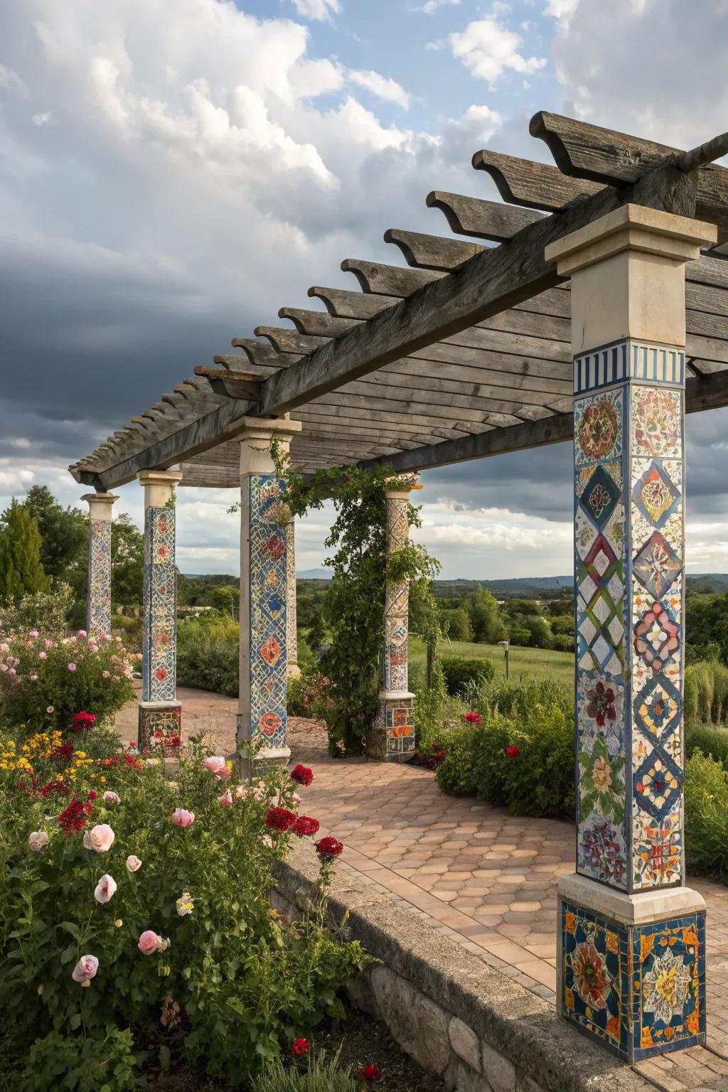 A mosaic lattice turns your pergola into a garden masterpiece.