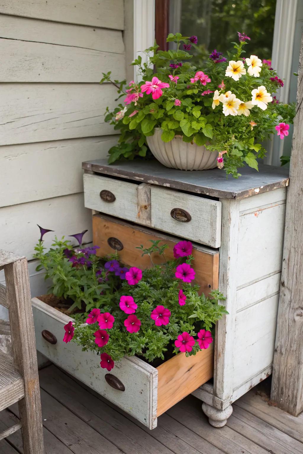 Repurposed furniture adds a whimsical touch to petunia displays.