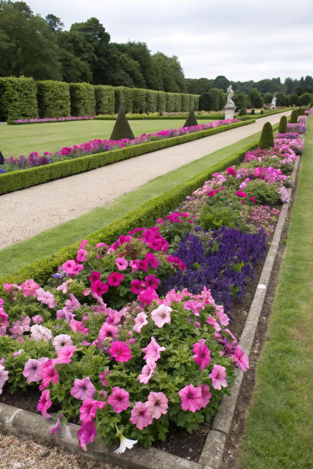 Formal petunia beds bring elegance and structure to gardens.