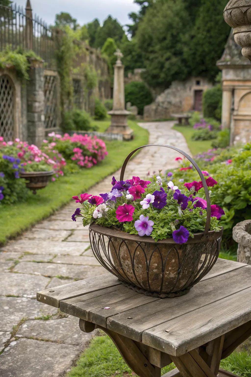 Vintage allure with petunias in an antique metal basket.