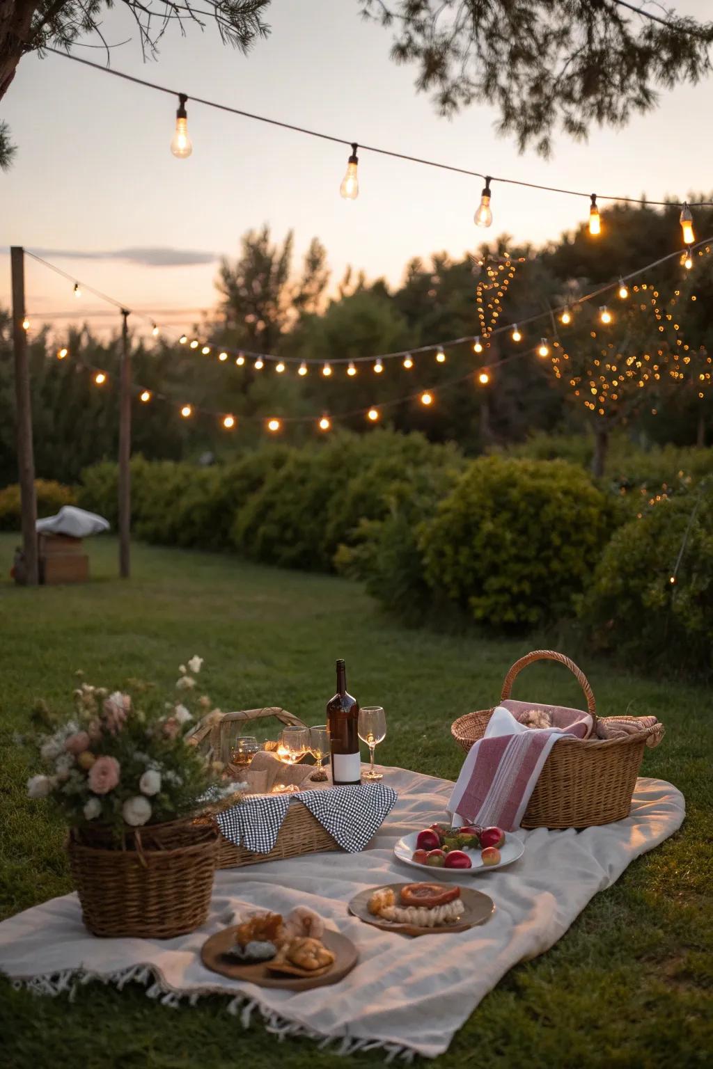 String lights add a magical glow to any evening picnic.