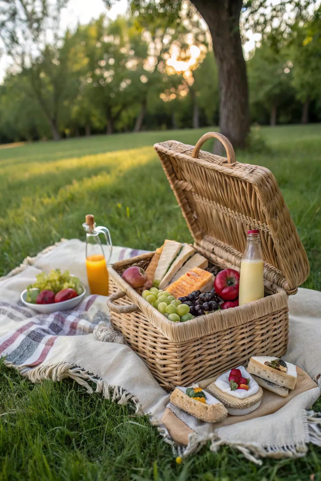 A classic basket is essential for a traditional picnic feel.
