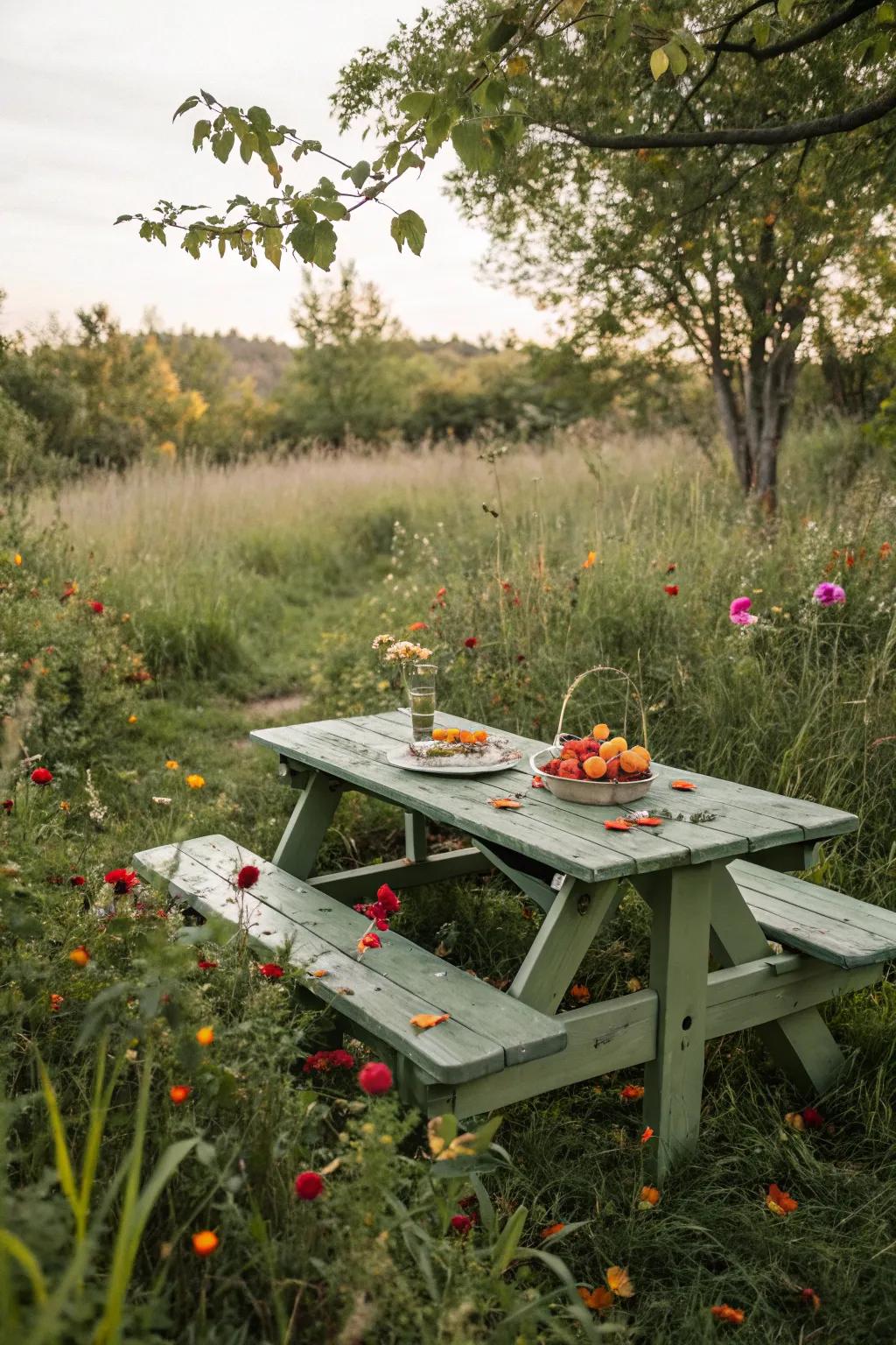 A sage green picnic table creates a calming presence in a natural garden.