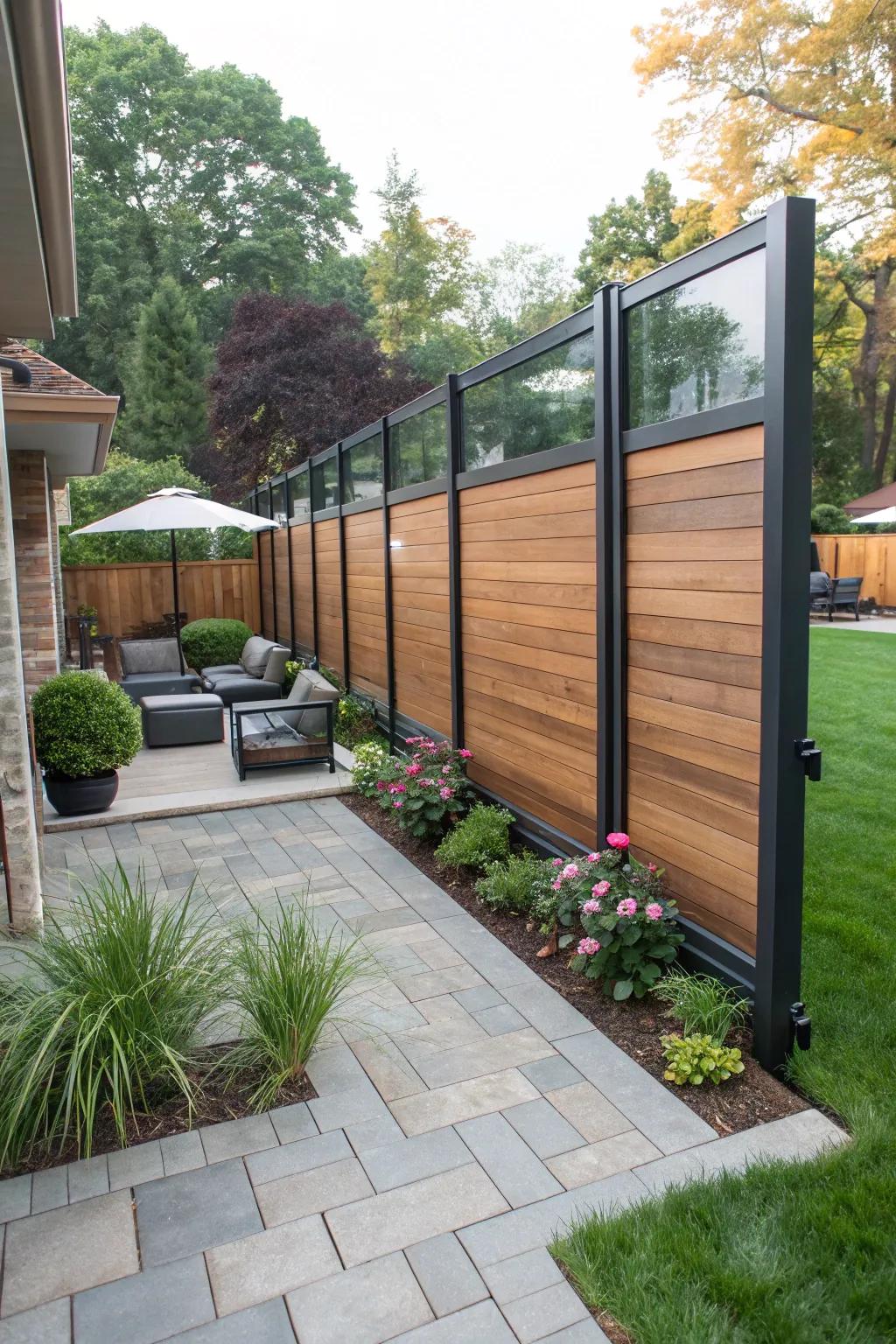 Unique and eye-catching mixed materials privacy fence.