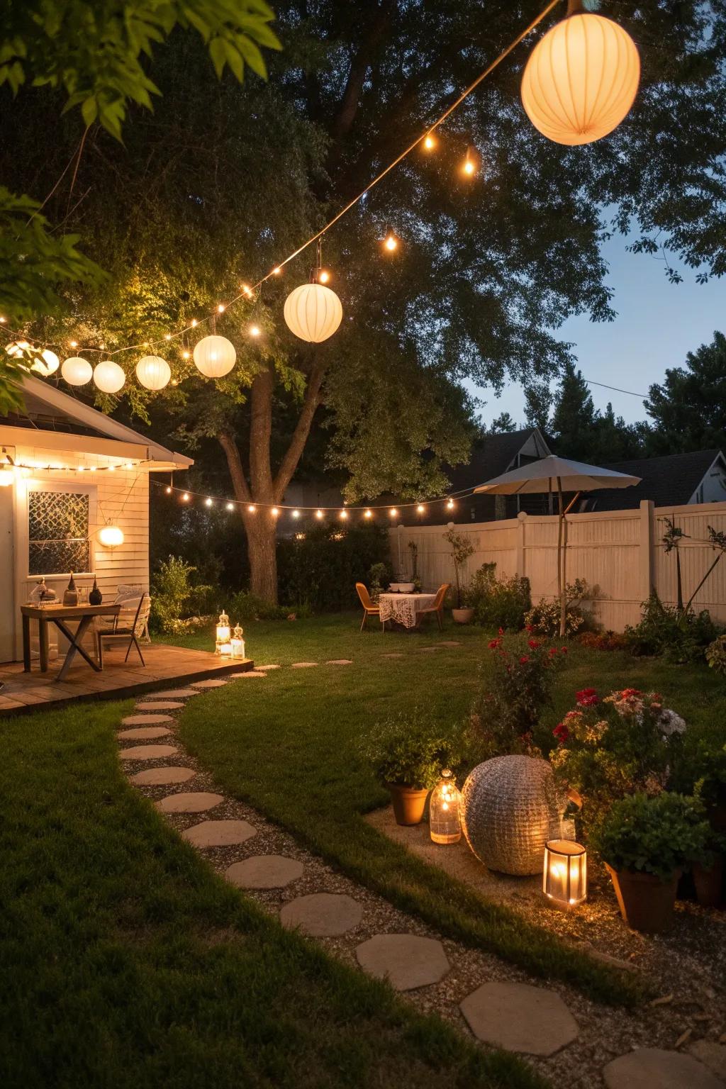 Ambient lighting transforms a pie-shaped backyard into a magical evening retreat.