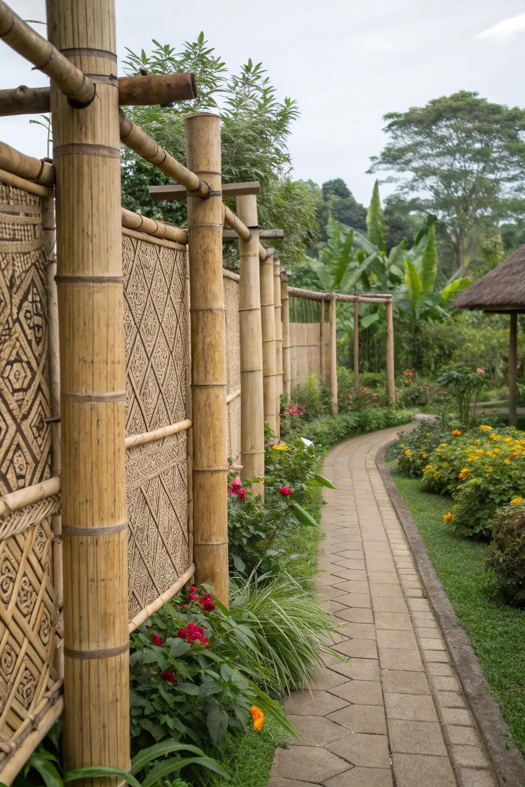 Bamboo pillars offer a sustainable and stylish fence option.