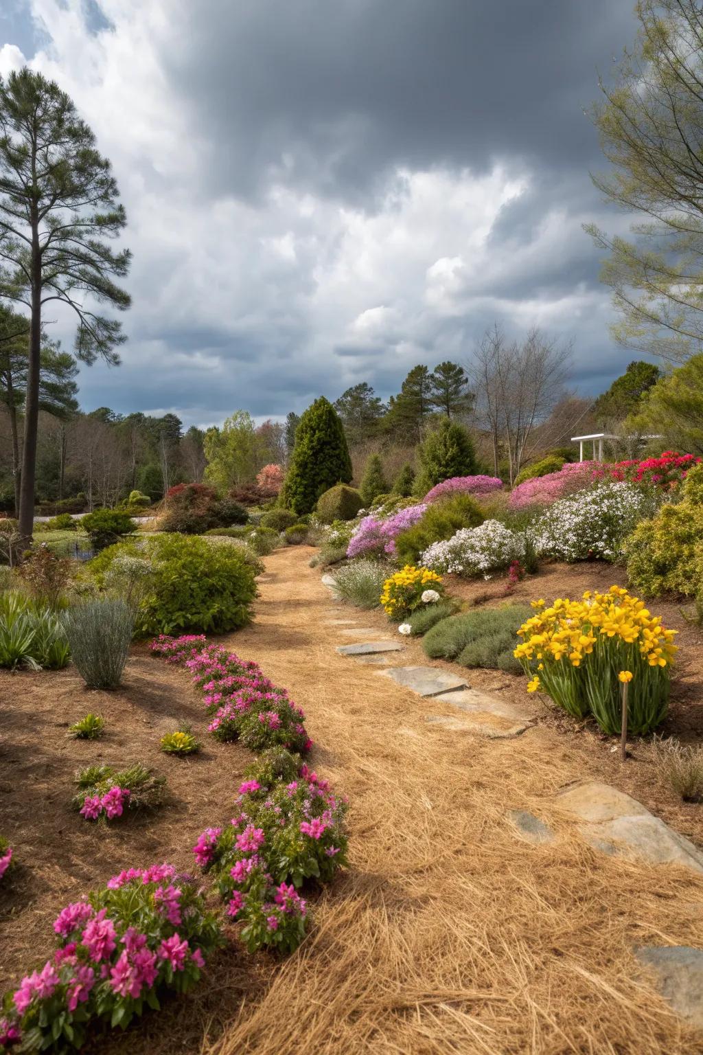 A fresh layer of pine straw revives this garden for spring.