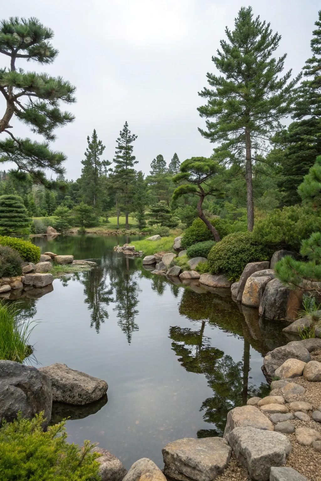 A garden pond with pine trees creates a soothing oasis.