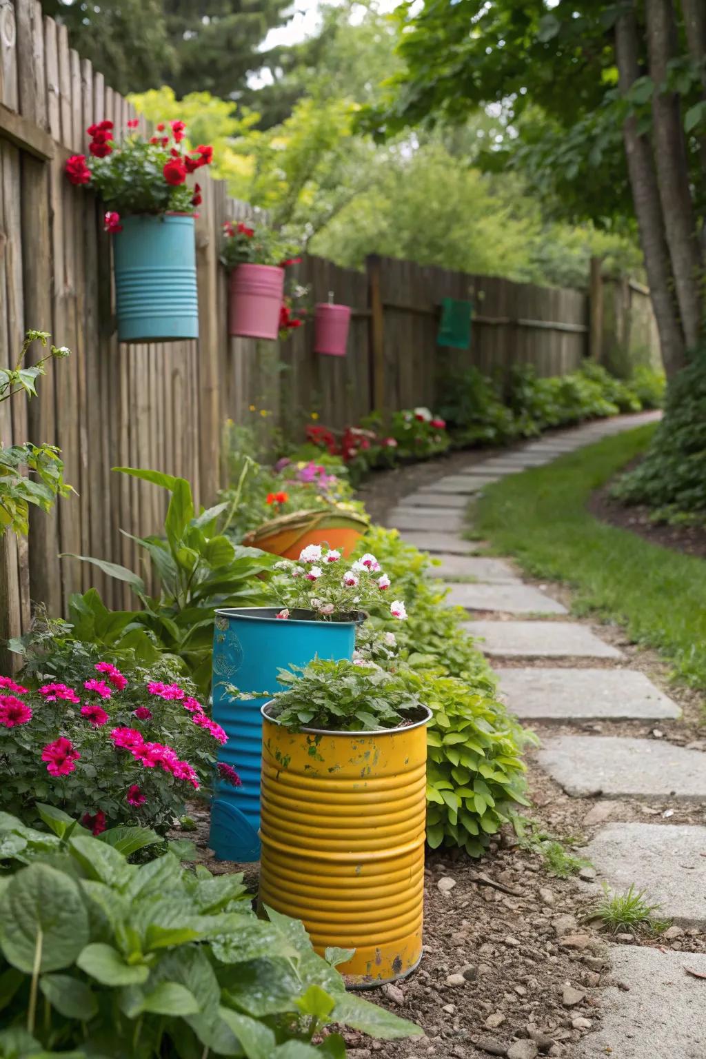 Add rustic charm with recycled can flower pots.