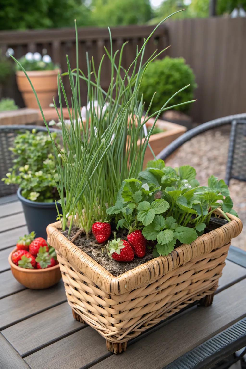 An edible beauty with strawberries and chives, perfect for fresh snacking.