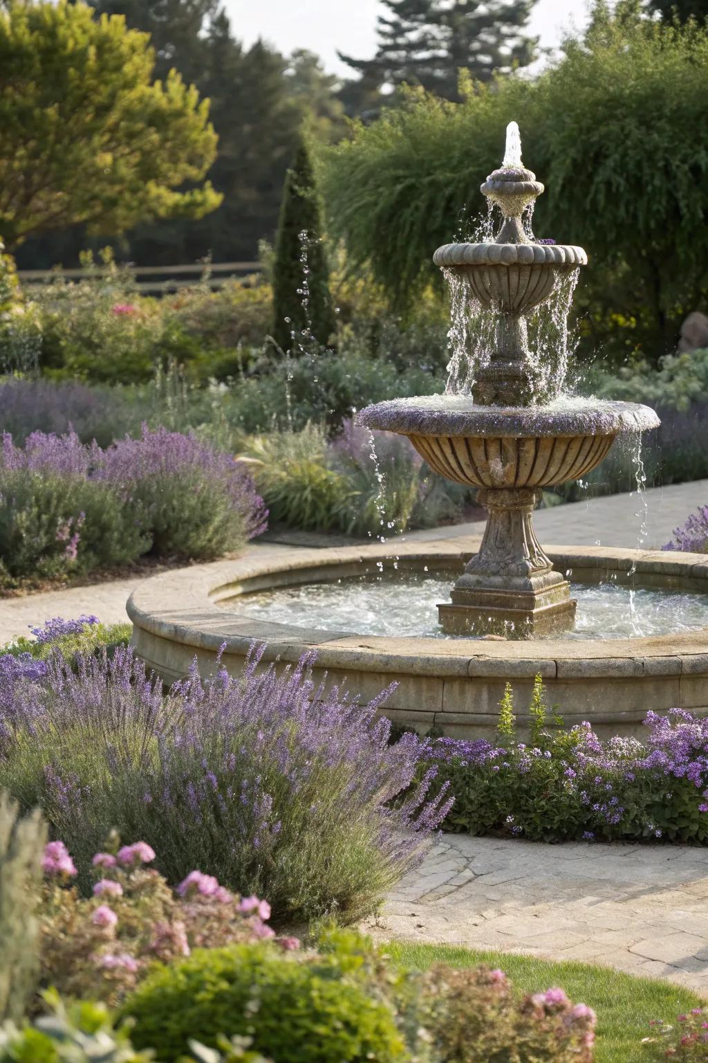Aromatic plants infuse the air with delightful scents around fountains.