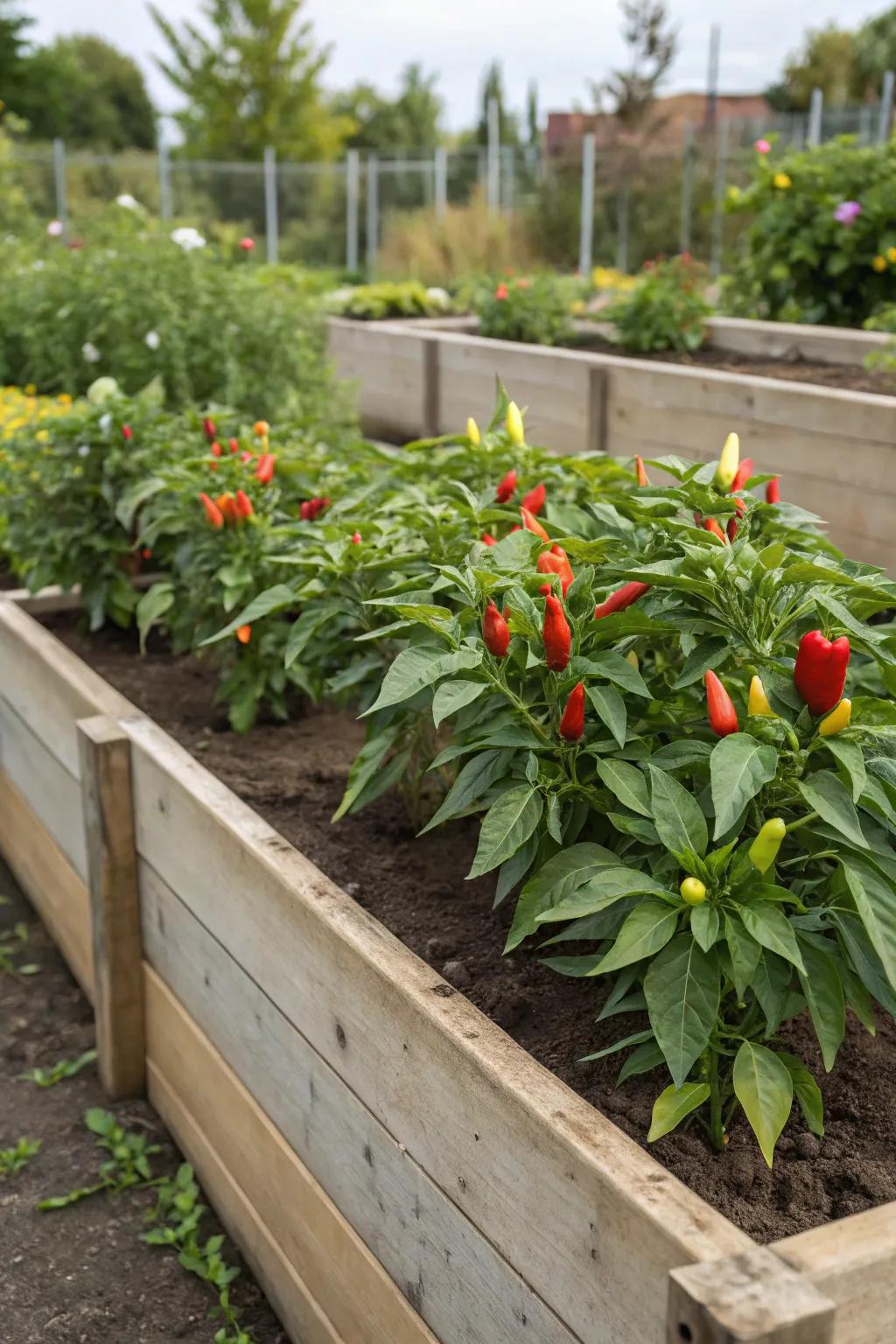 A variety of pepper plants thriving in a raised bed.