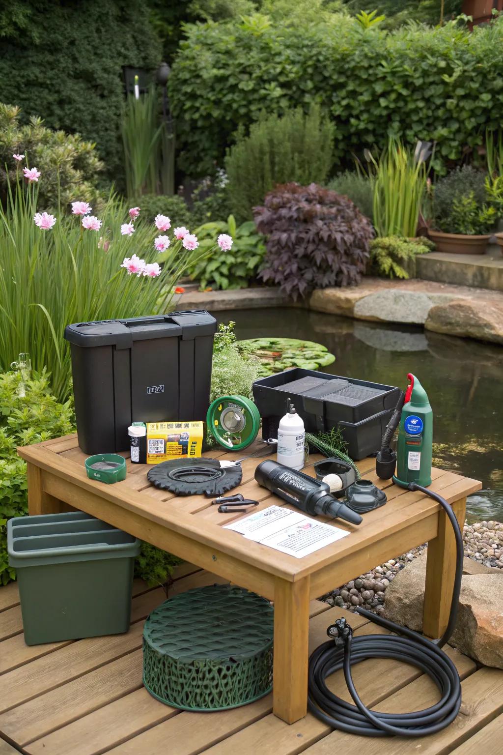 Complete pond kits and supplies ready for easy assembly.