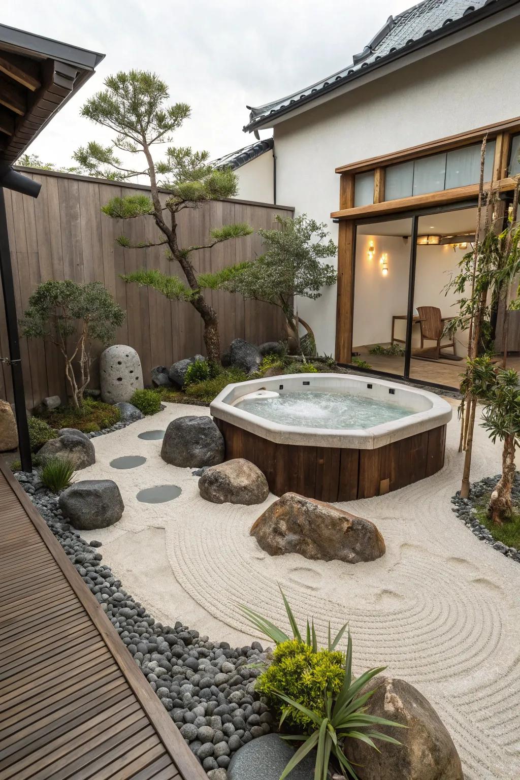 A Zen garden brings tranquility to your hot tub experience.