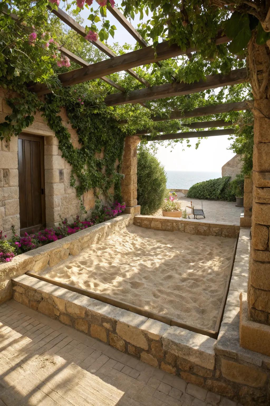 Create a relaxing oasis with a Mediterranean-inspired sand pit, perfect for play and relaxation.