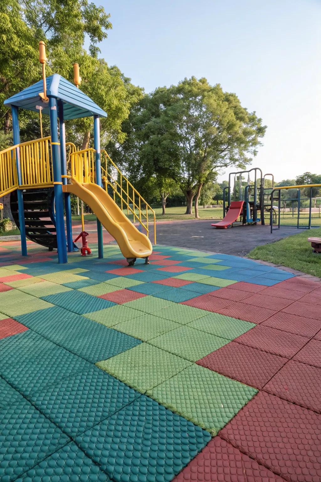Durable synthetic tiles for a colorful and safe play area.