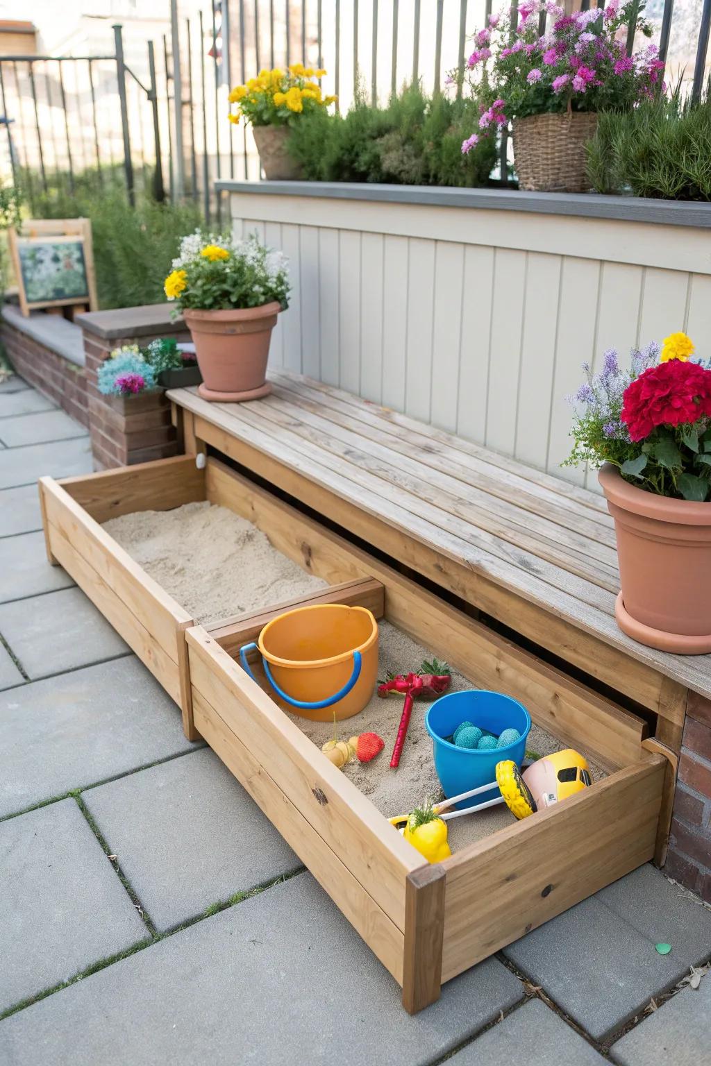 Slide-out storage keeps the sandbox tidy and the patio clutter-free.