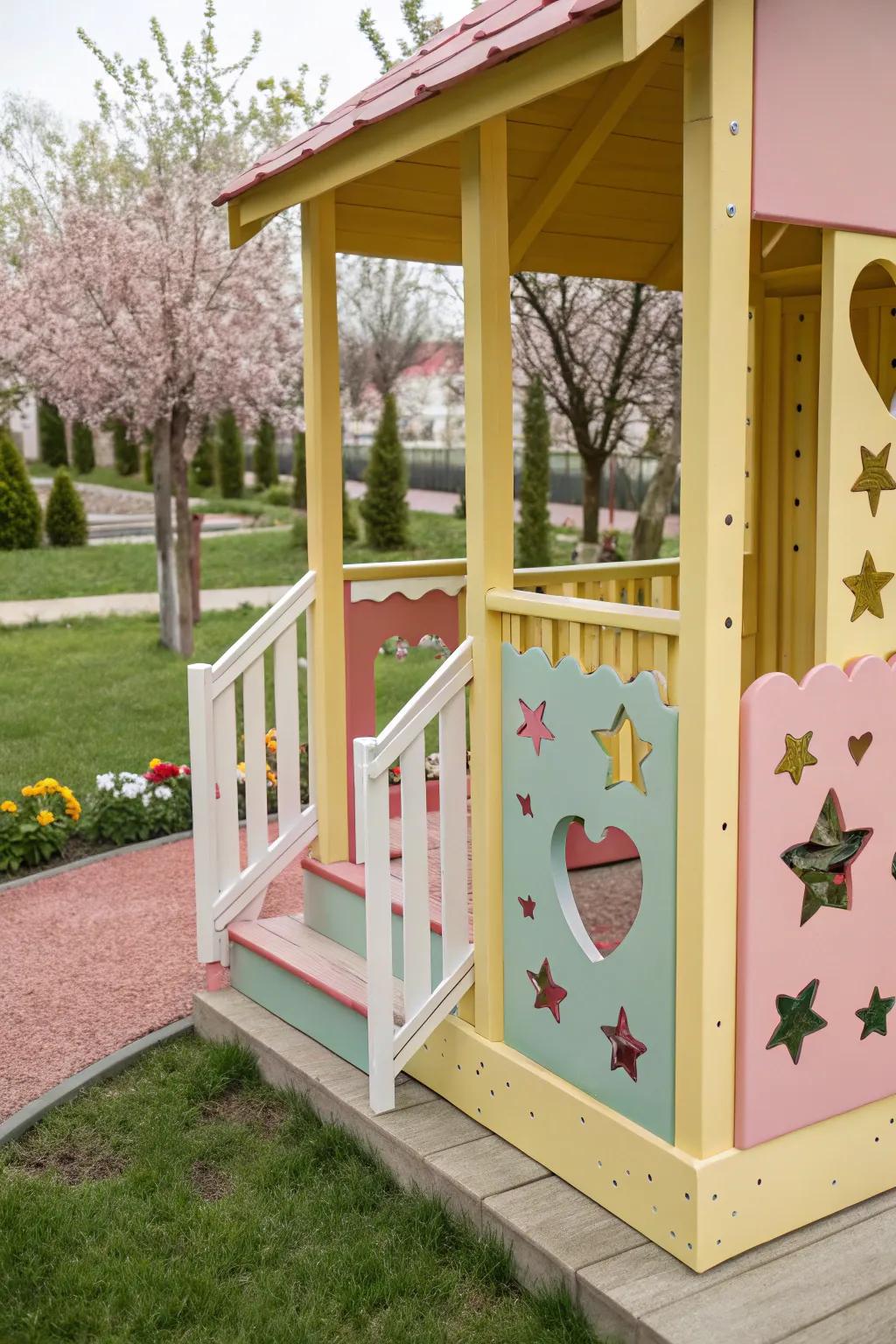 Decorative cut-outs bring a whimsical element to playhouse railings.