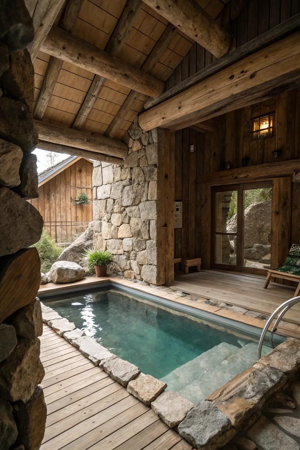 A rustic plunge pool retreat with wooden and stone textures.