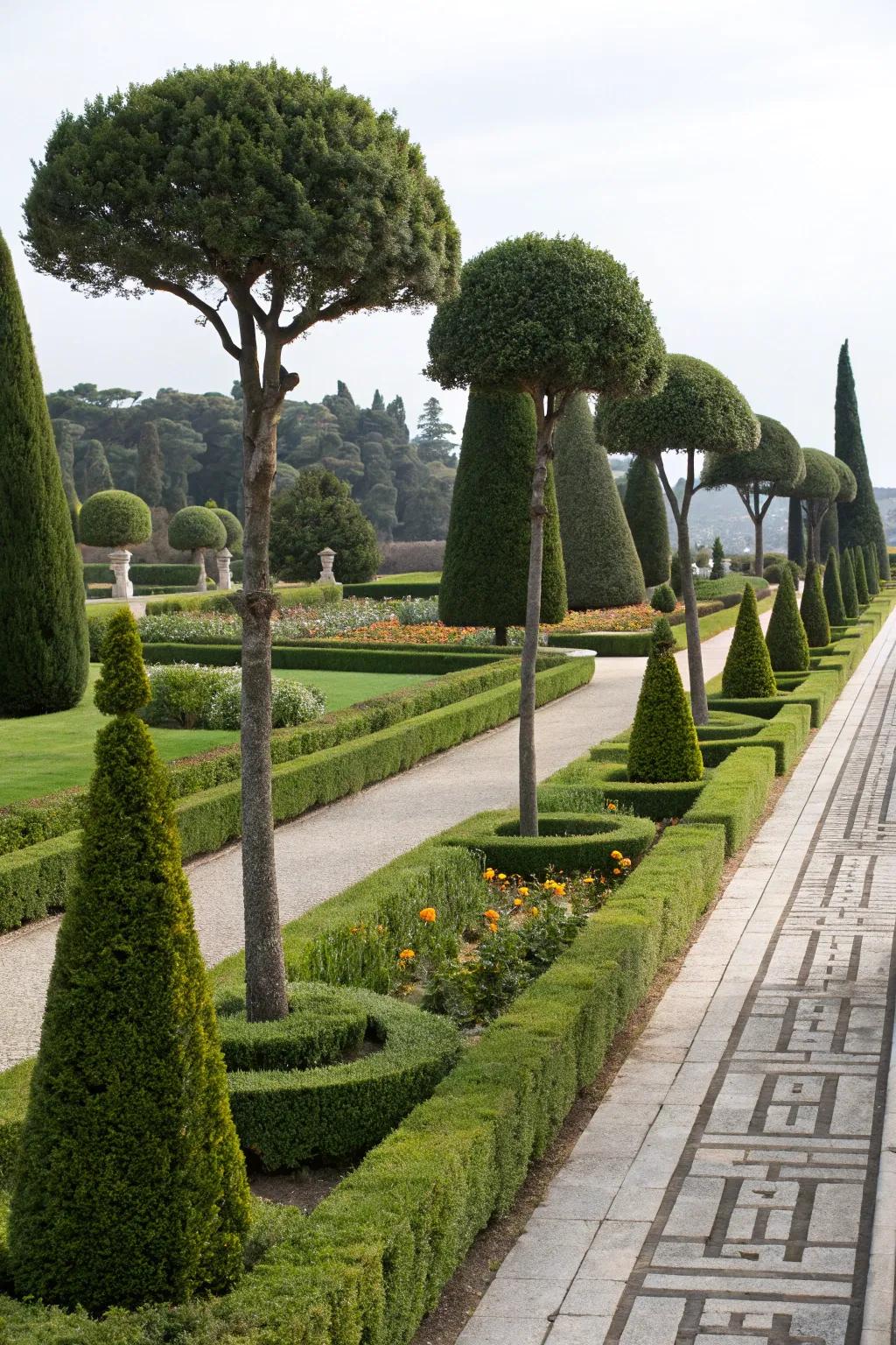 Formal garden design with structured podocarpus topiaries.