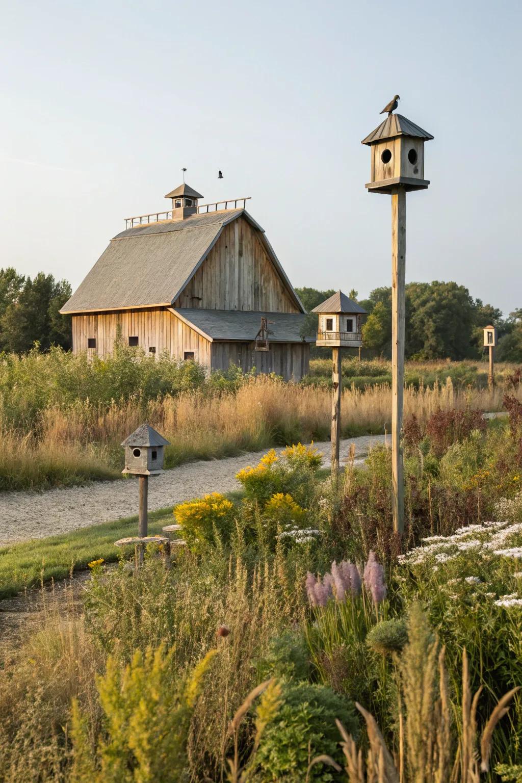 Native plants and birdhouses create a wildlife-friendly environment.