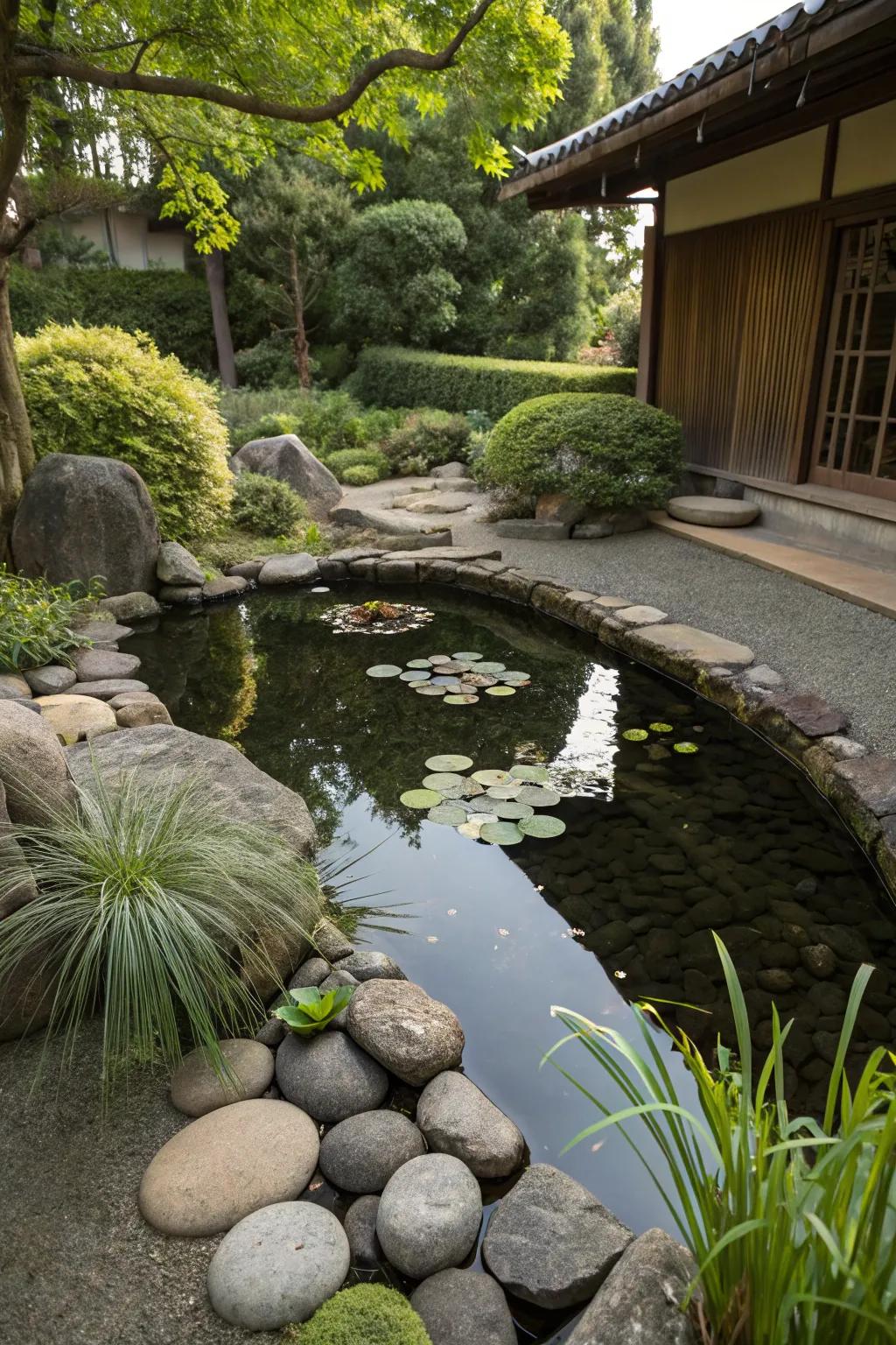 A container pond offers a compact zen retreat.