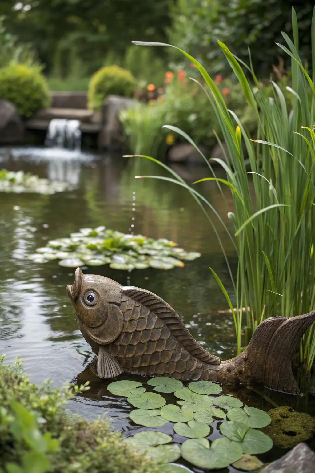 An artisan fish spitter adds an artistic touch to your water garden.