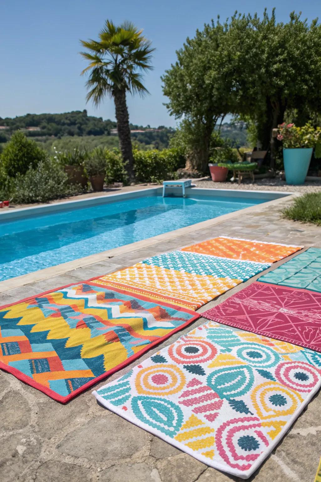 Add warmth and color with waterproof outdoor rugs.