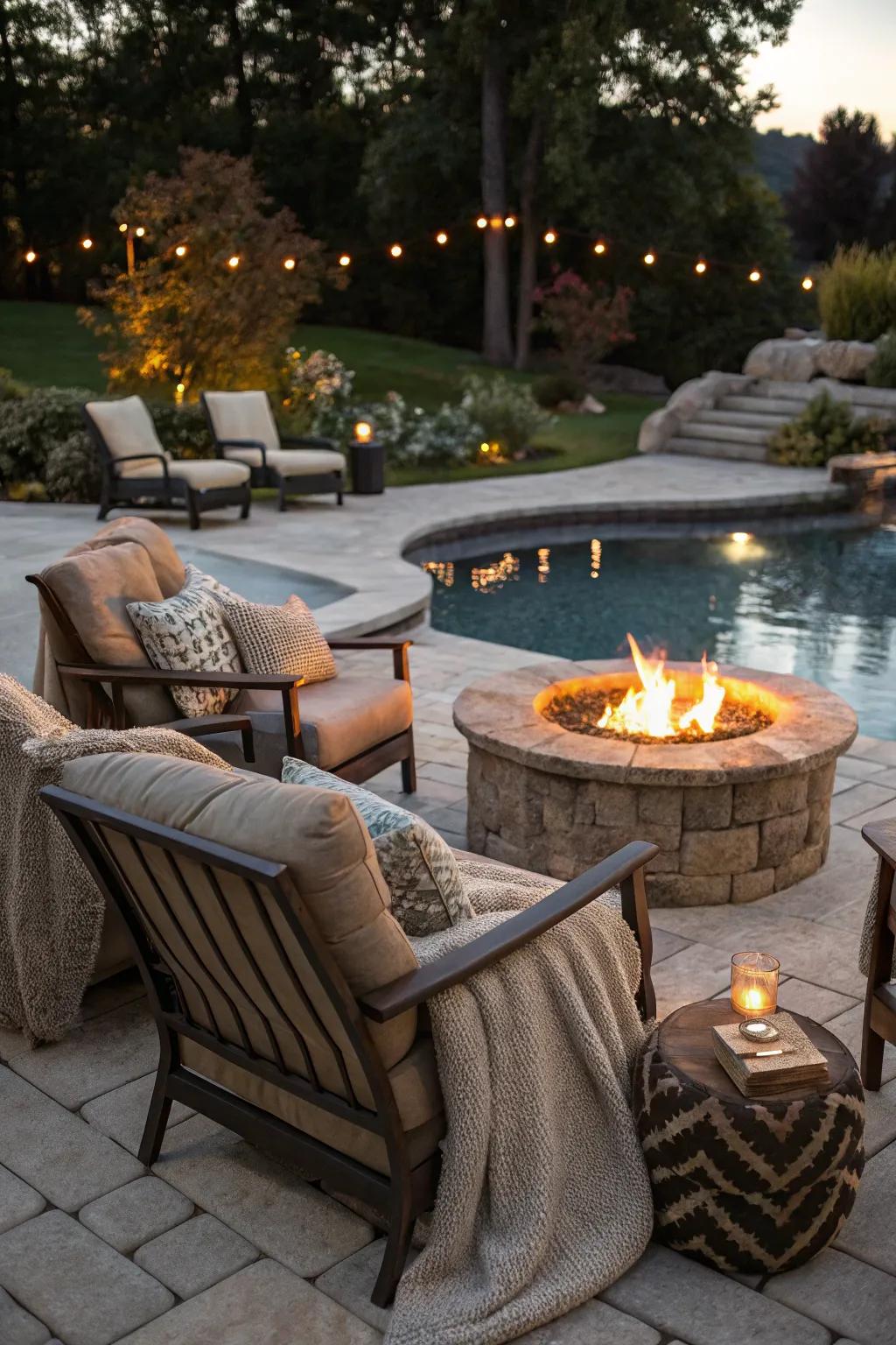A fire pit brings warmth and social vibes to your pool area.