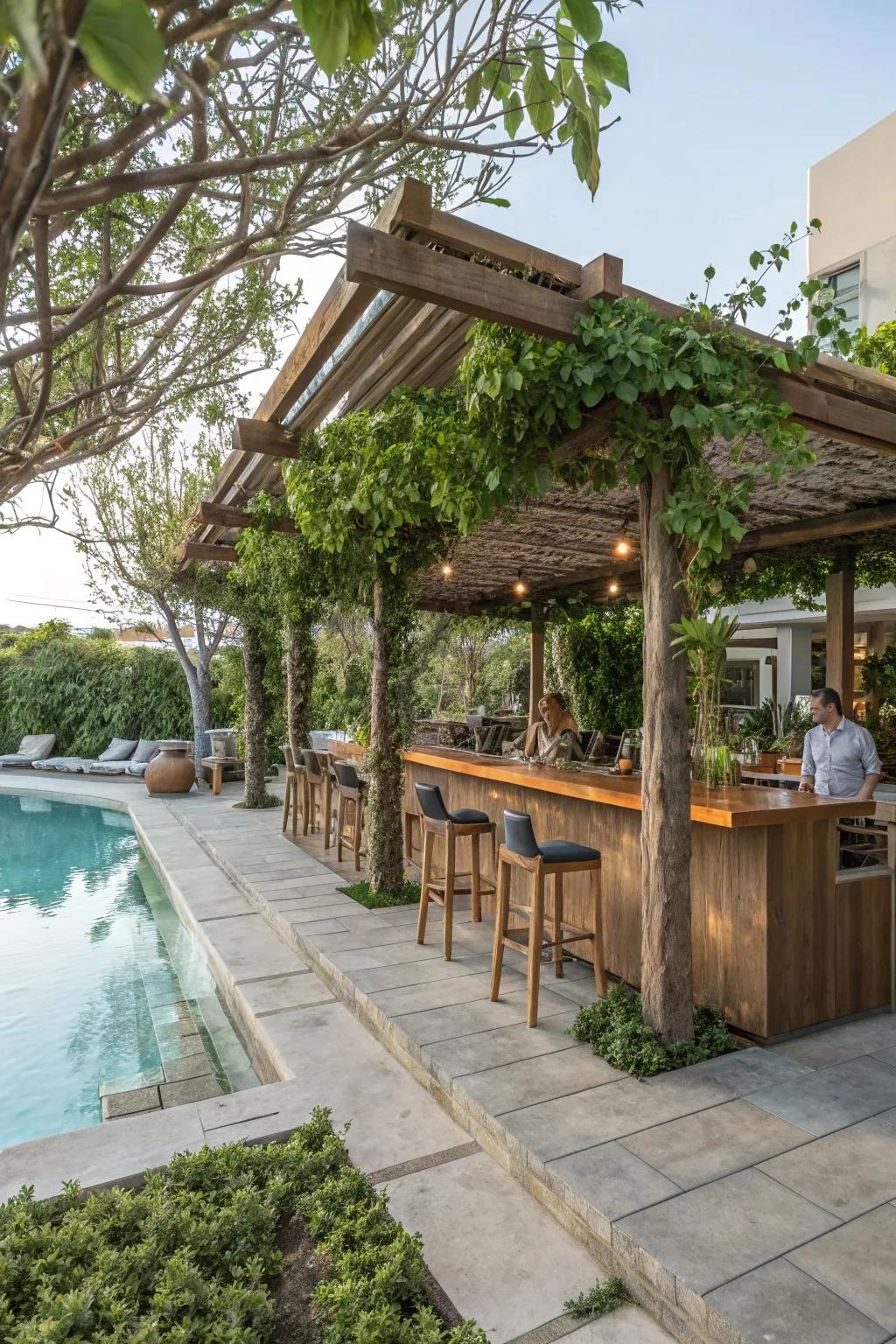 Pergolas offer shade and a touch of nature to your pool bar area.