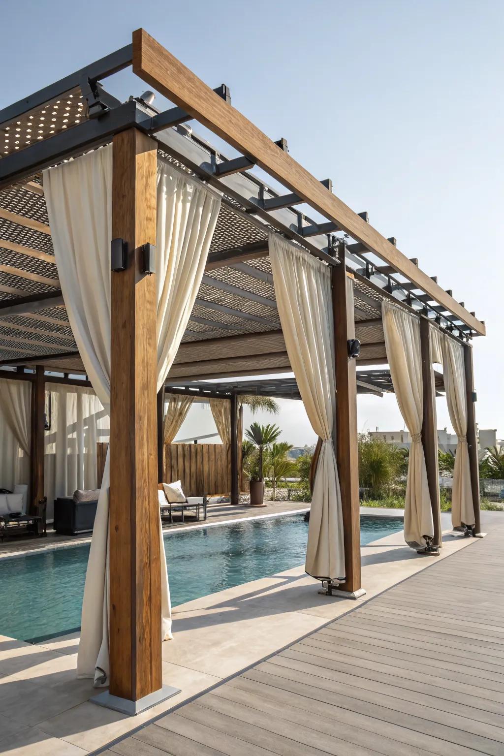 A mix of materials can create a stunning and functional poolside canopy.