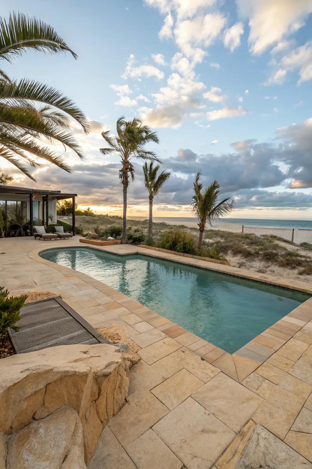Sandstone tiles bring the warmth of the beach to your poolside.