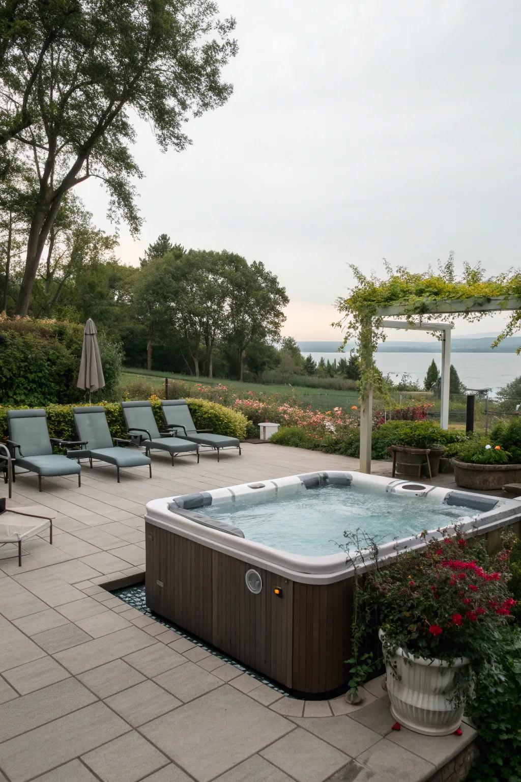 A serene pool deck featuring a portable hot tub.
