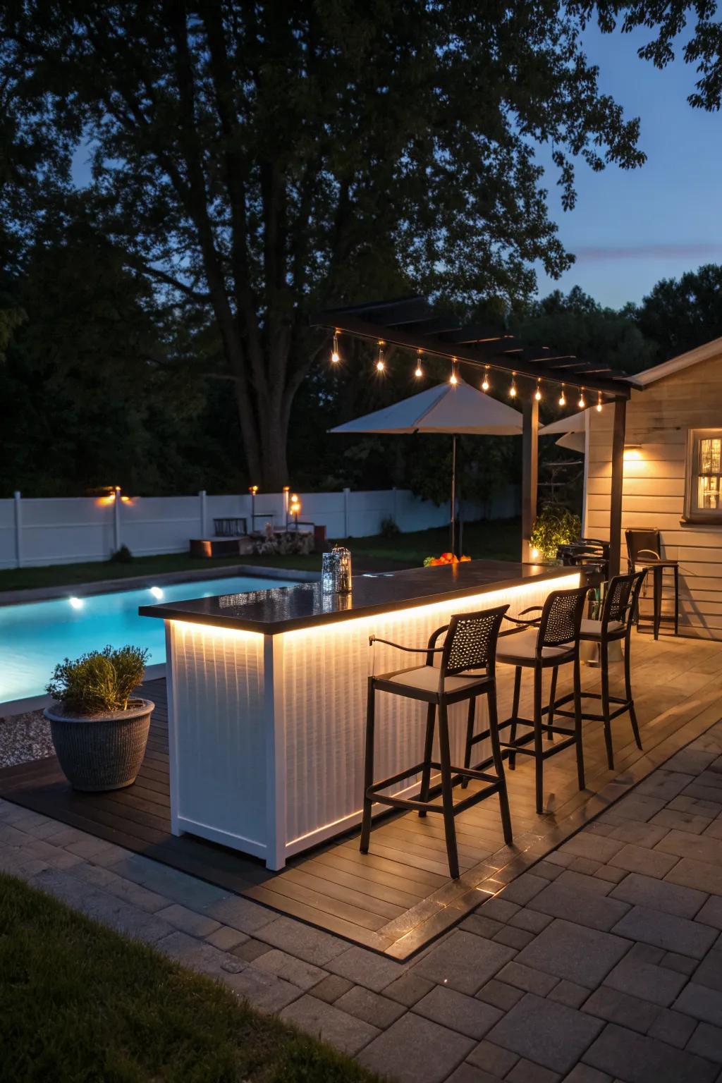 A beautifully lit pool deck bar for nighttime enjoyment.