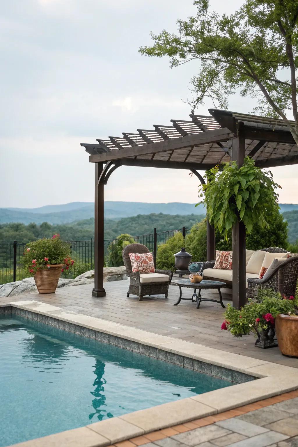 An inviting pool deck featuring a pergola for shaded relaxation.