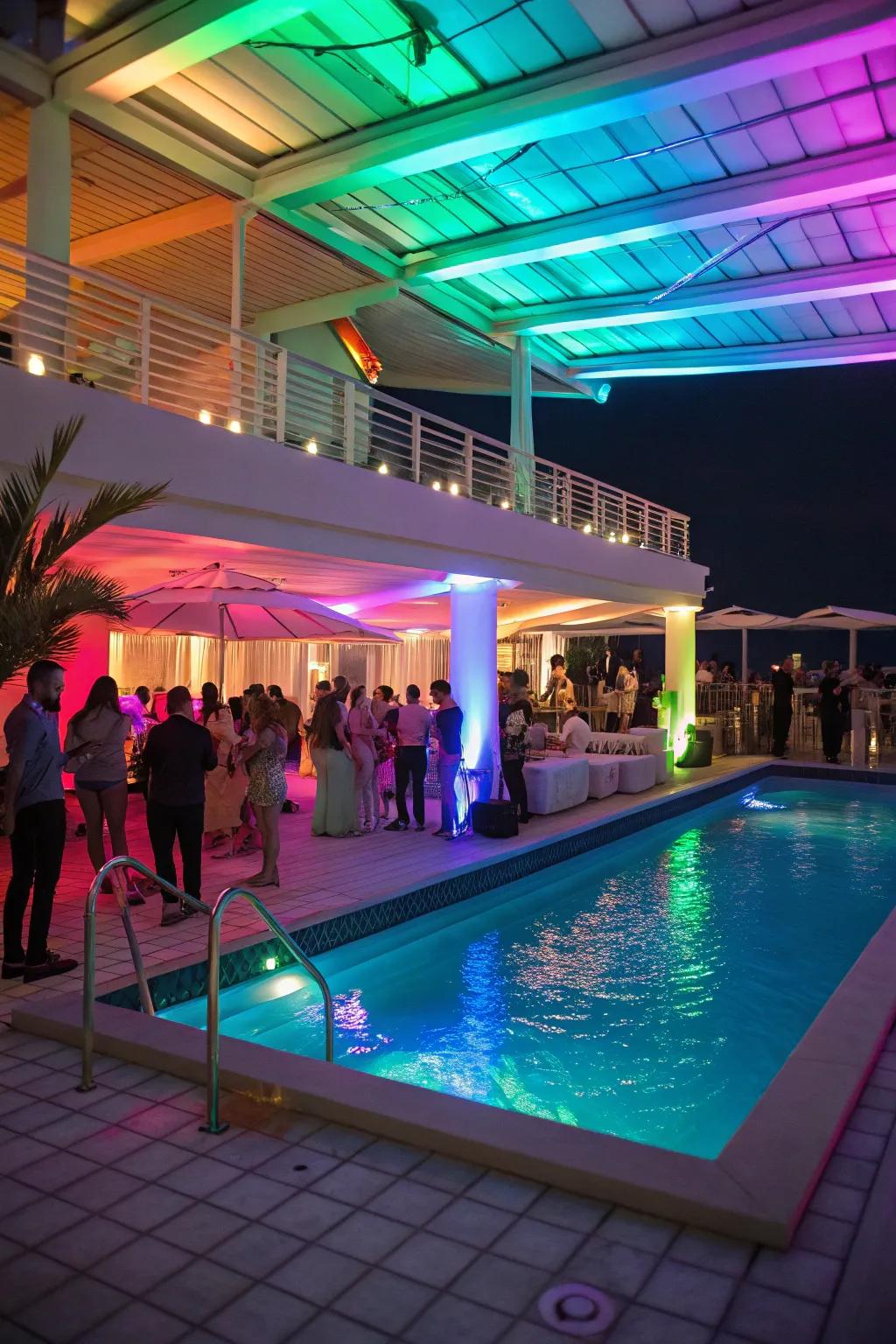 A festive atmosphere with colorful pool deck lighting.