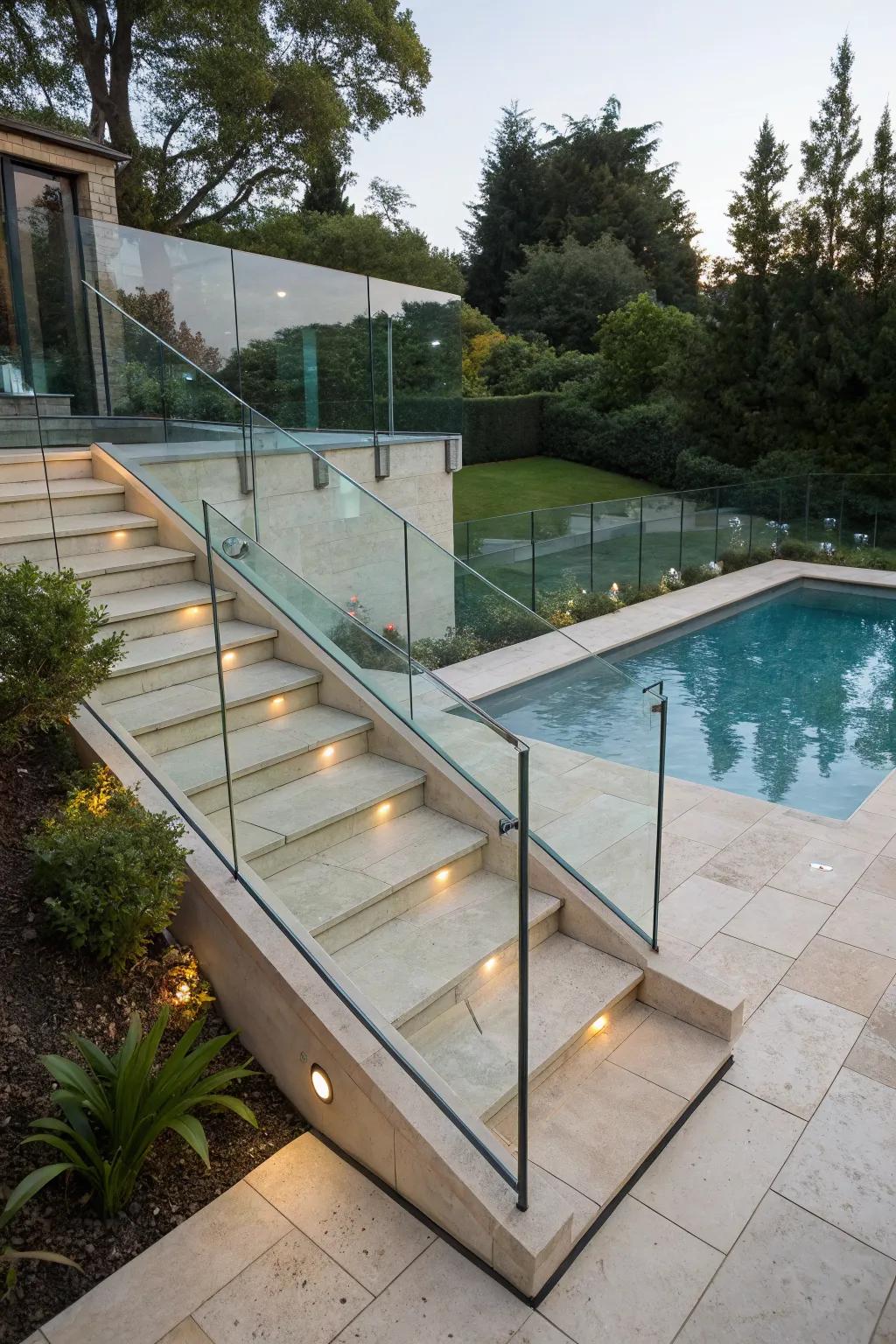 Glass balustrades add a luxurious, transparent appeal.