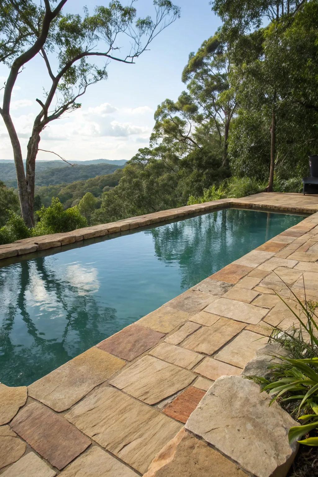 Rustic sandstone tiles blend beautifully with natural landscapes.