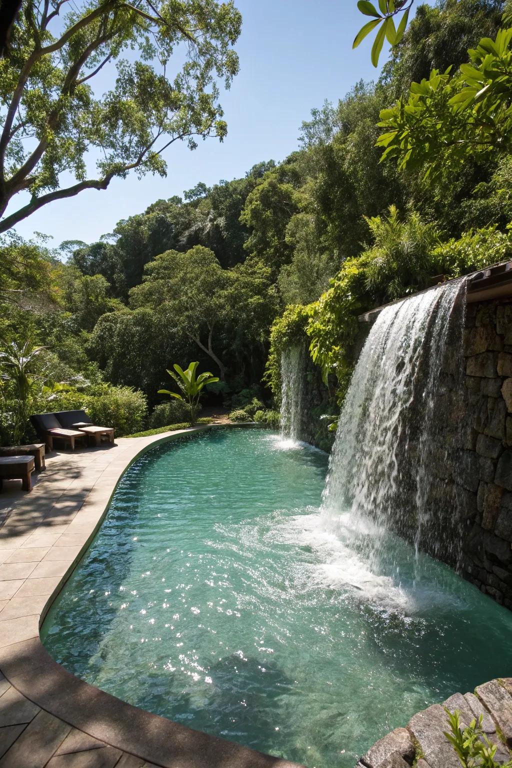 A pool with a waterfall feature cascading into the water.