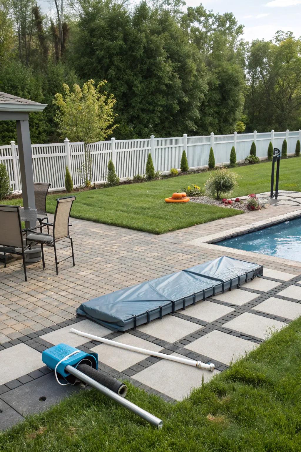 Paver pads elevate pool equipment, adding style and protection.