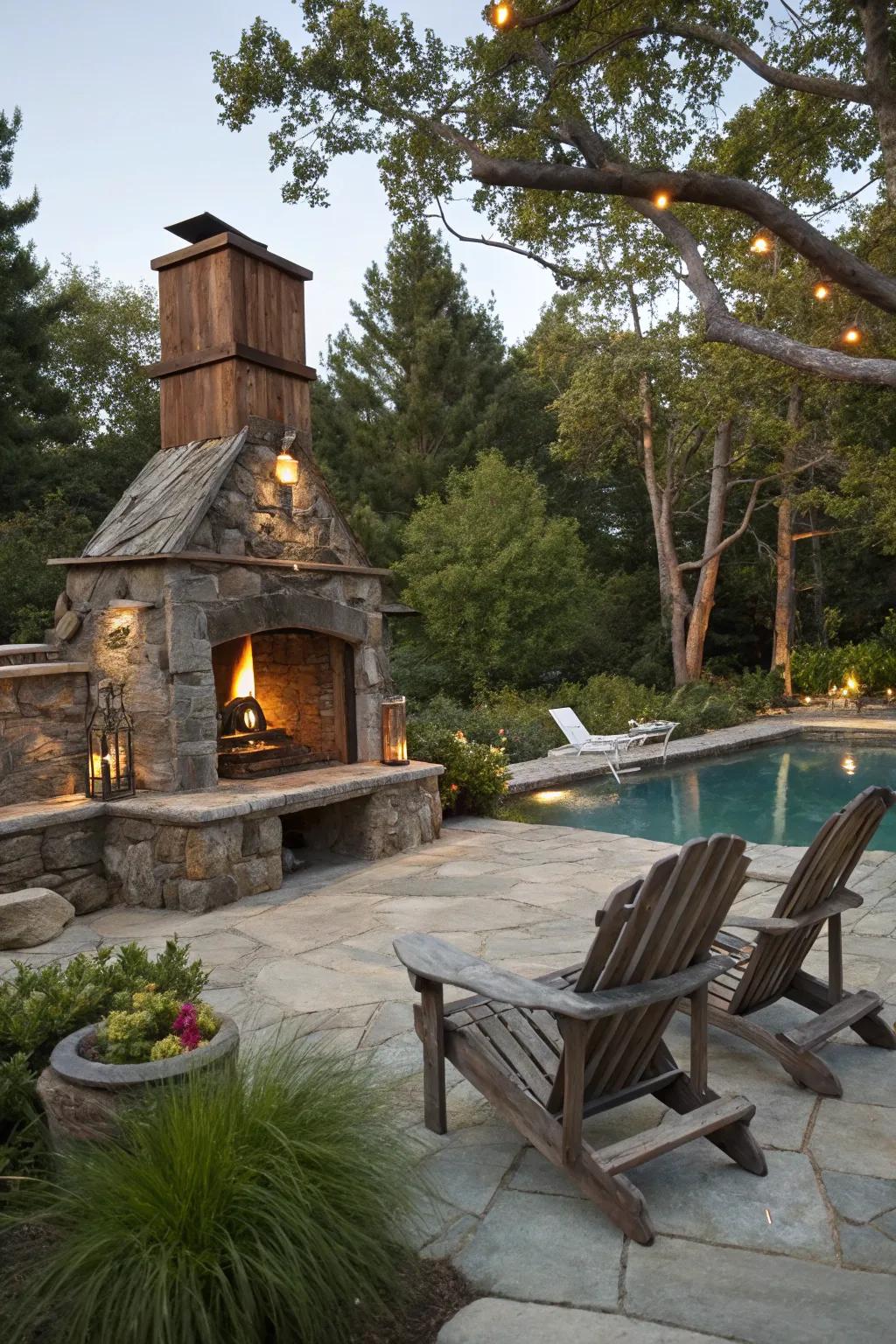 Rustic wood accents bring warmth and charm to your poolside.