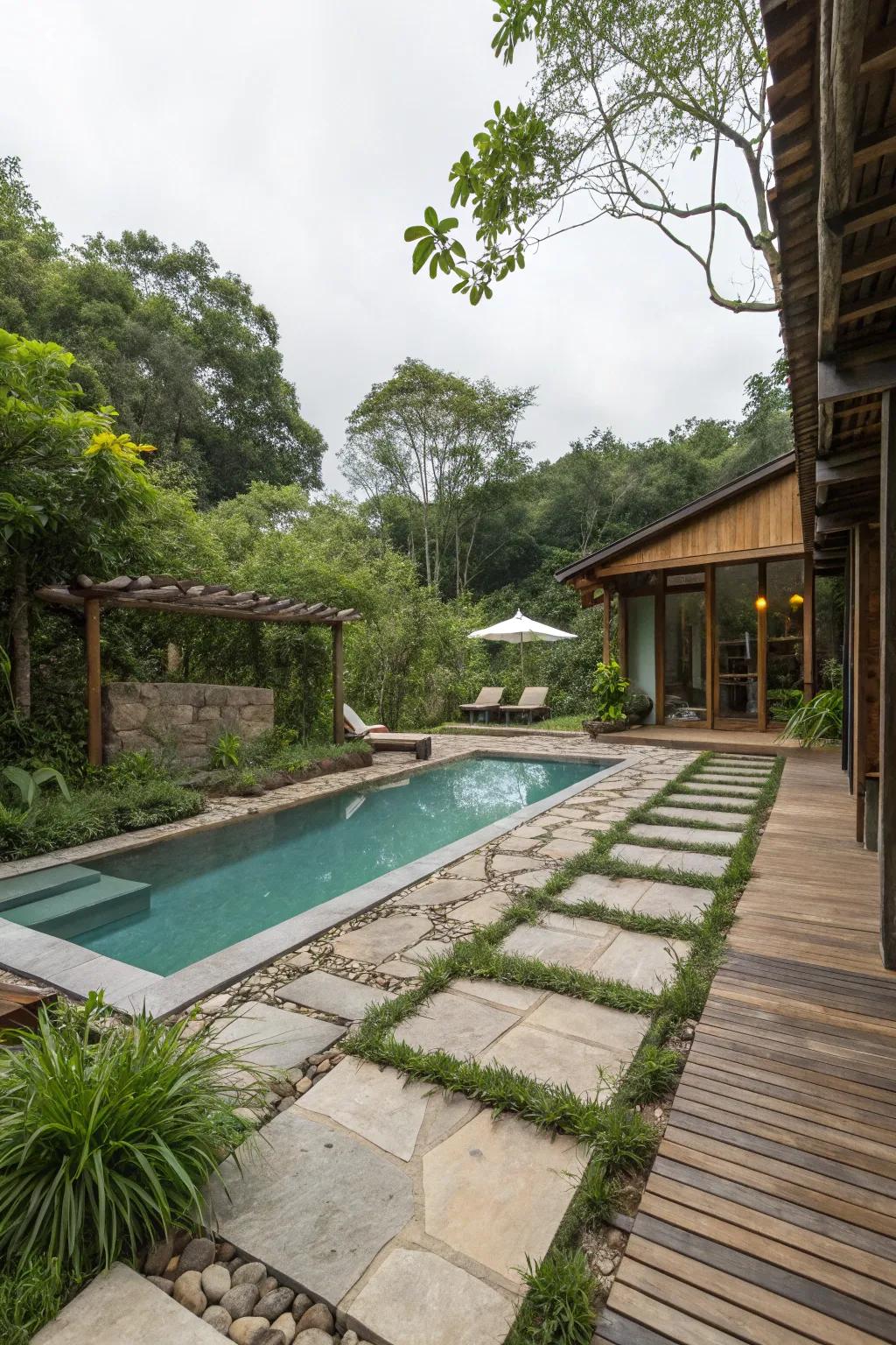 Beautiful pathways and decking guide you through the pool garden.