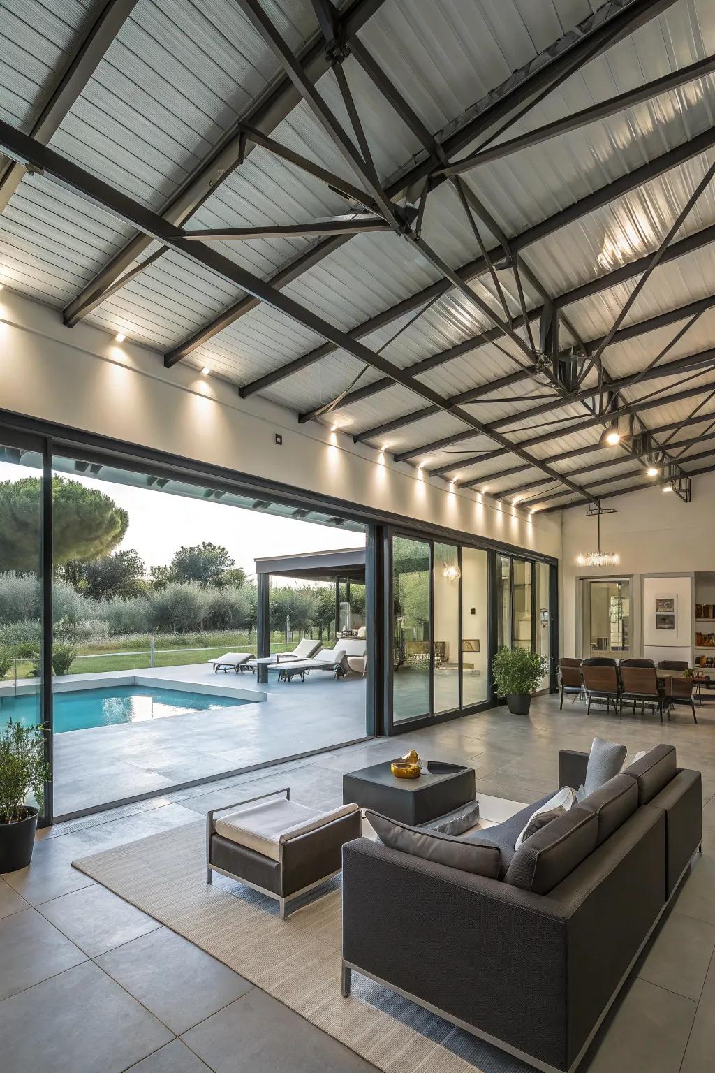 Metal elements add an industrial chic vibe to your pool house.