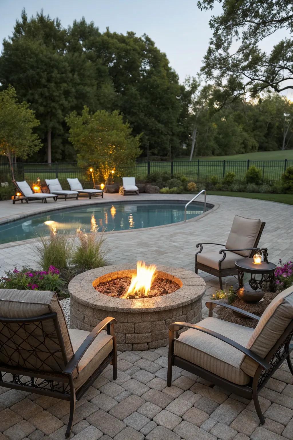 A poolside fire pit offering cozy warmth and a stunning visual focal point.