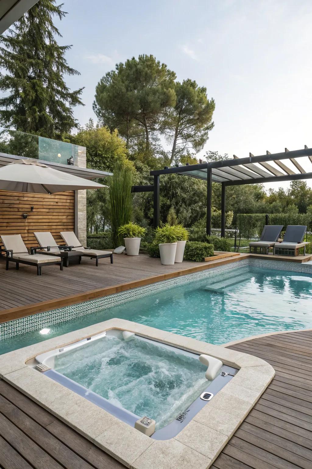 A pool and jacuzzi surrounded by a well-designed deck and comfortable seating.