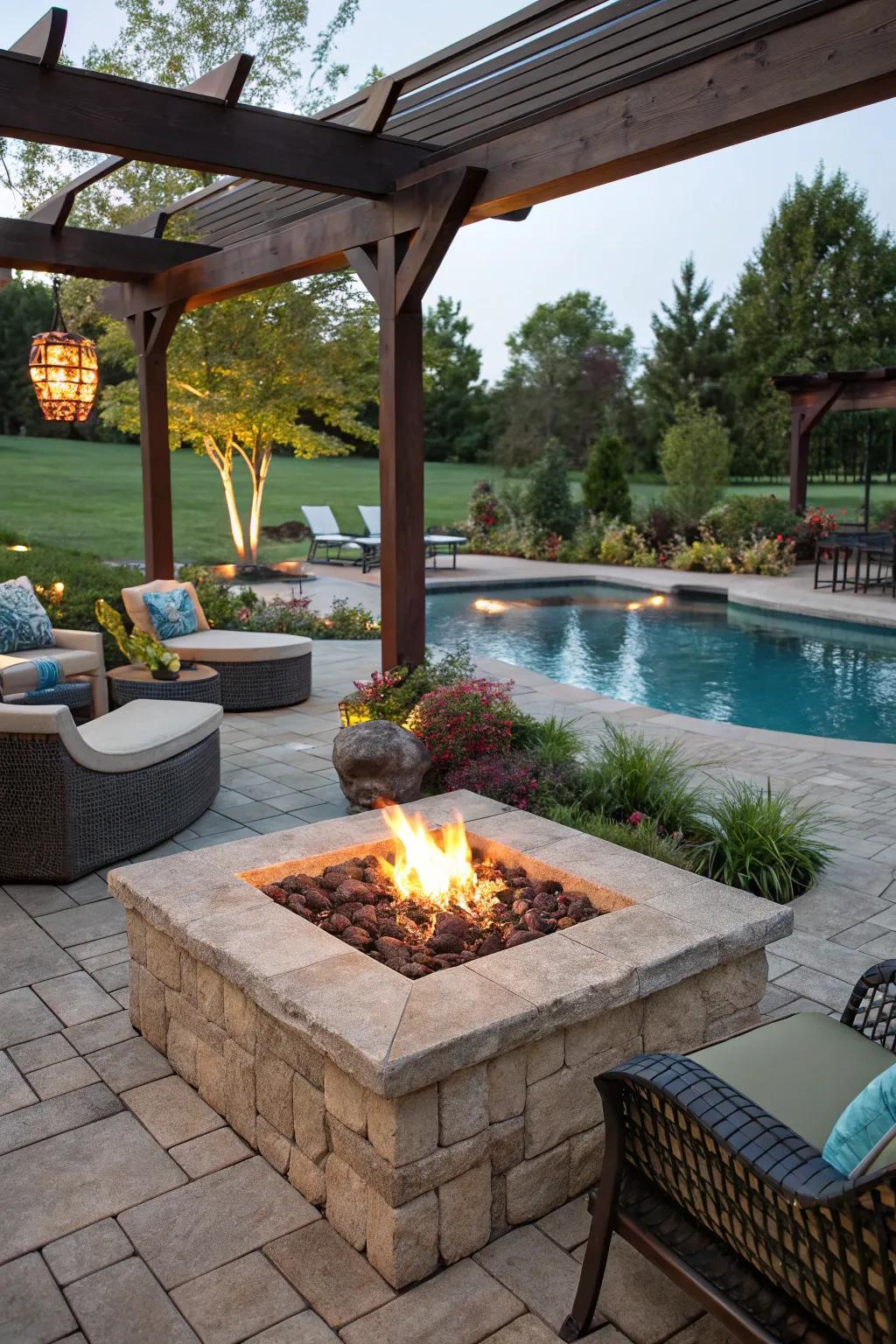 A stylish fire pit creates a warm and inviting focal point.