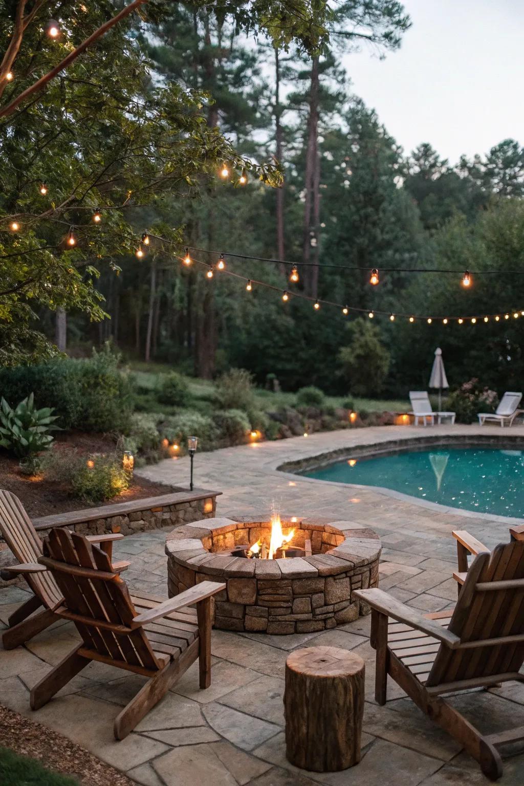 Add warmth and charm with a rustic fire pit.