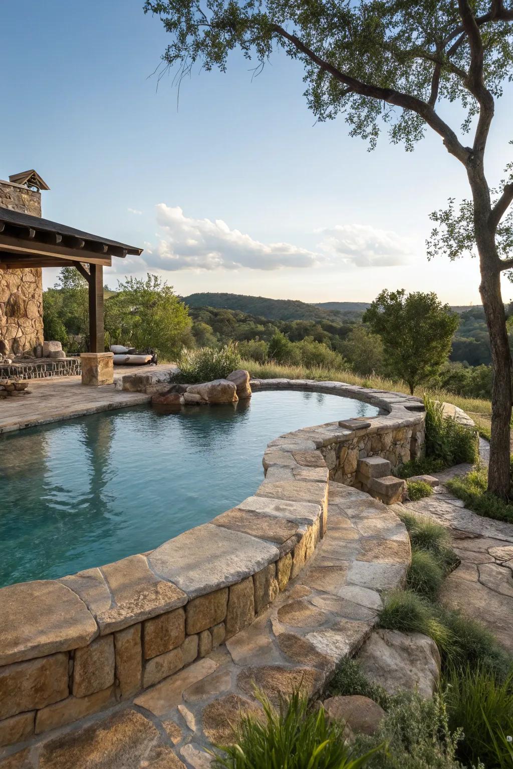 Natural stone accents bring rustic charm to your poolside.
