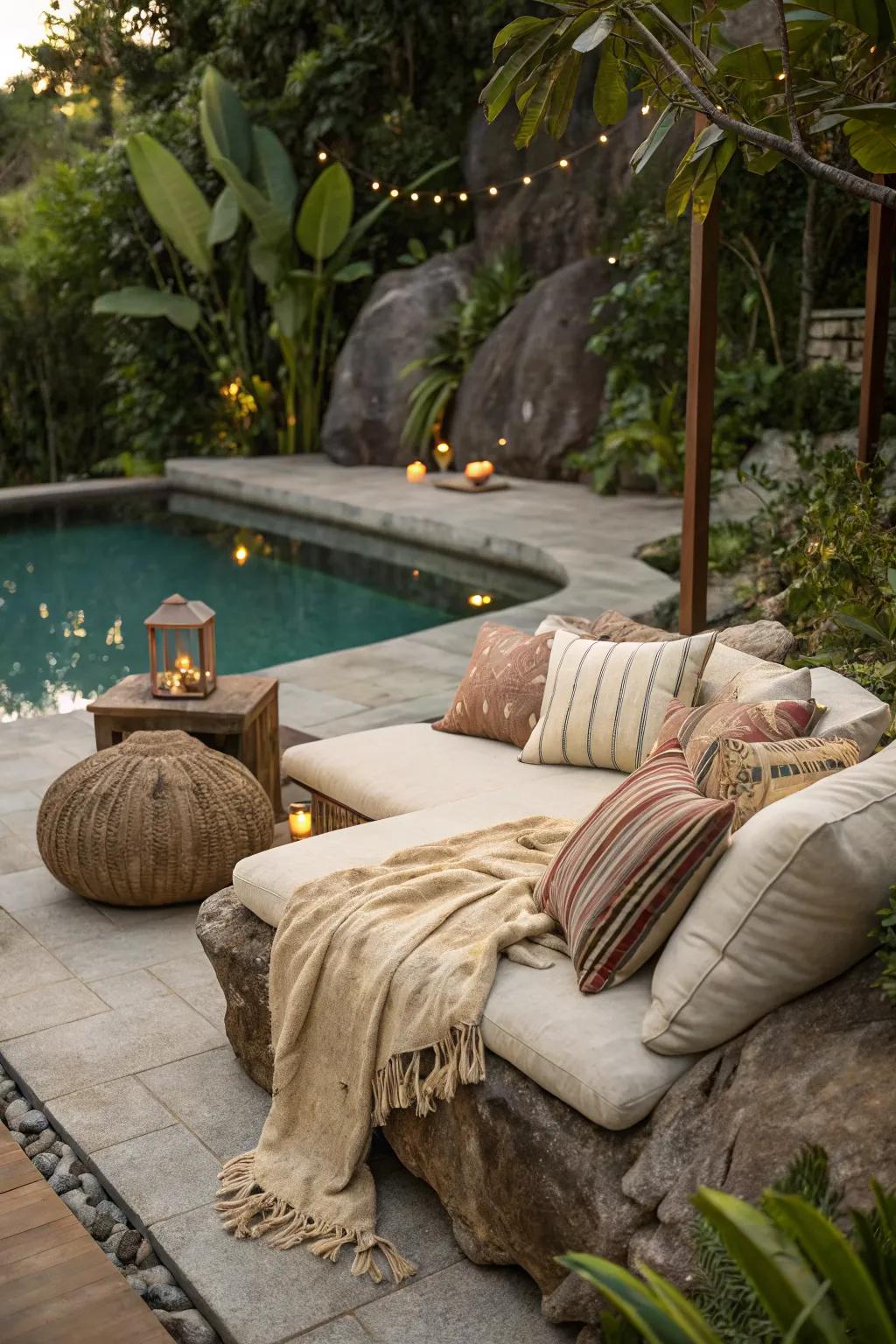Rock seating areas offer rustic charm and comfort.
